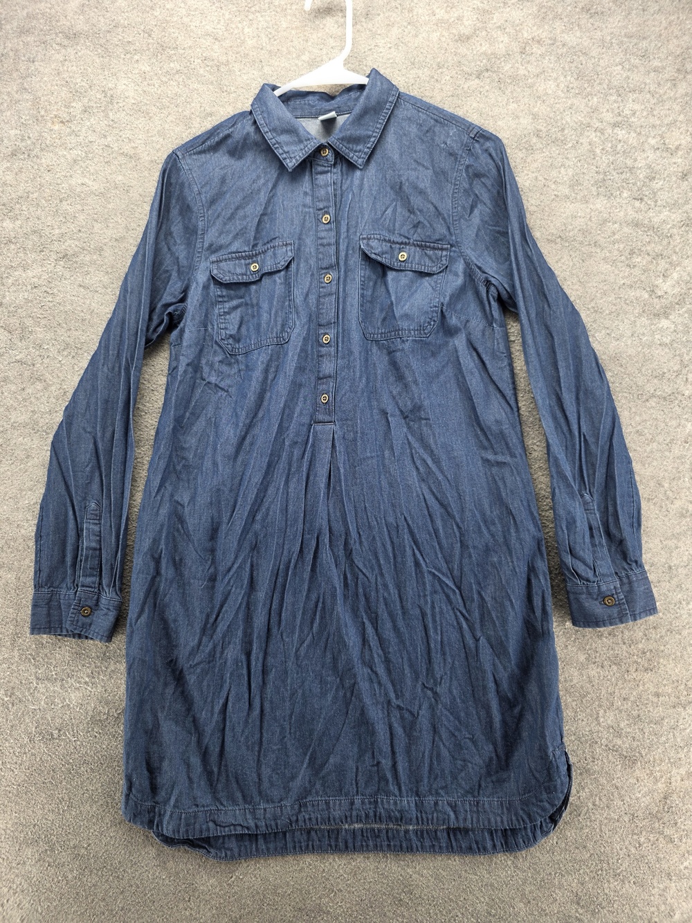 Old Navy Dress Womens Small Blue Chambray Long Sleeve Dark Wash Shirt Pockets